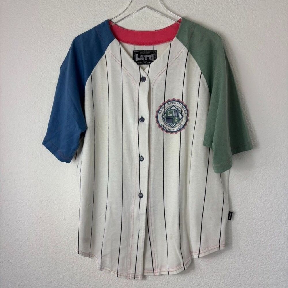 Vintage Latte Sport Womens Baseball Shirt L Colorblock Pinstriped USA 80s 90s